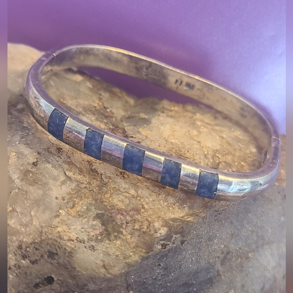 Vintage CSC stamped and signed sterling silver cuff with lapis lazuli inlay